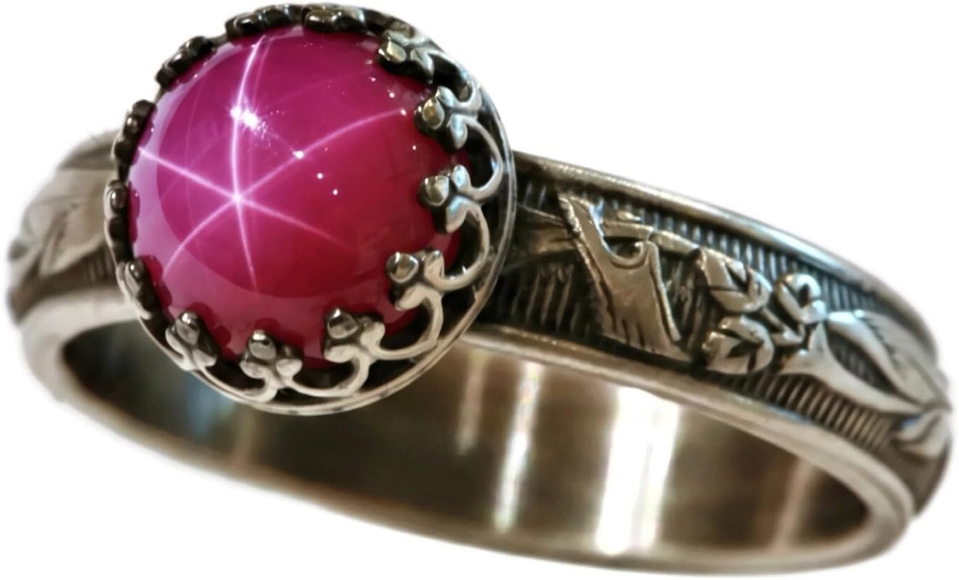 Round Created Pink Star Ruby Ring Blooming Flower Crown Vintage Silver