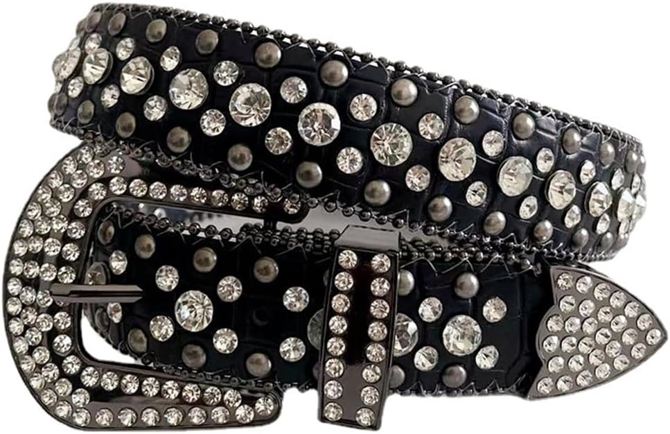 Pulcykp Wide Buckle Vintage Rhinestone Belt For Women Belts PU Leather Rhinestone-Buckle-Belt