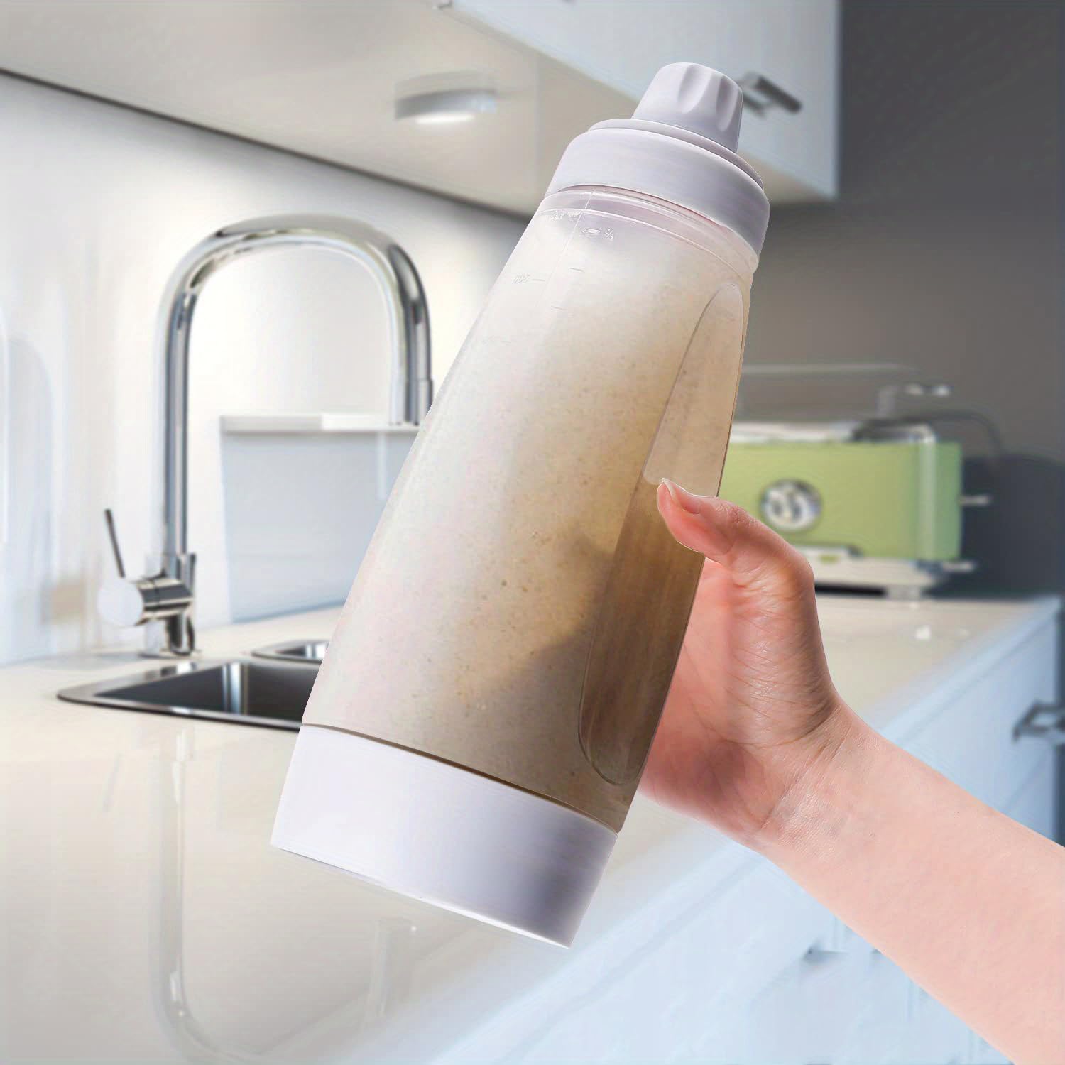 Dosificador de masa con escala para 1000 ml con batidor BlenderBall para crepes, poffertjes, tortitas, gofres, magdalenas o rosquillas (blanco)