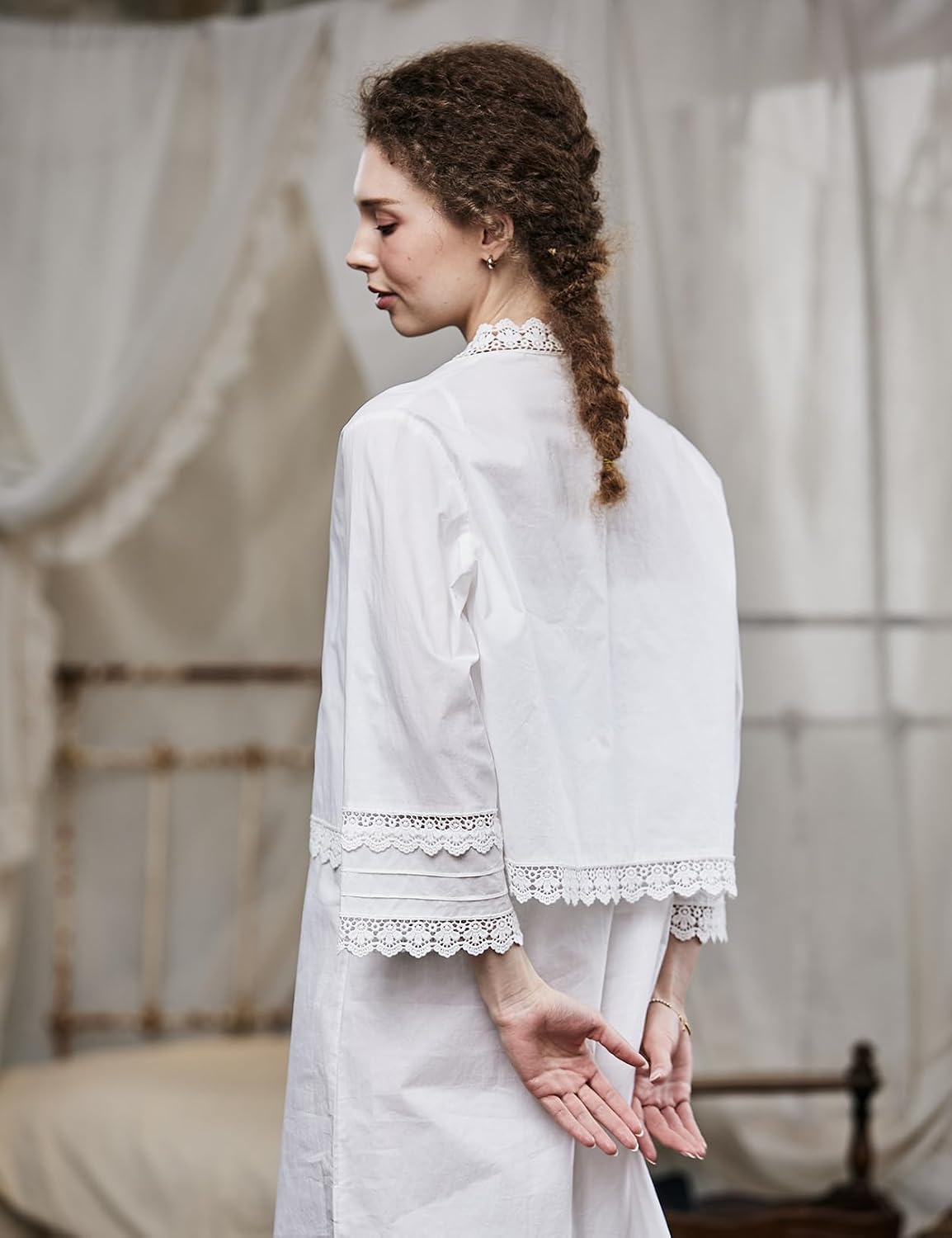Women 3/4 Sleeve Cropped Cardigan with Lace Summer Open Front Bolero Shrug V Neck 100% Cotton