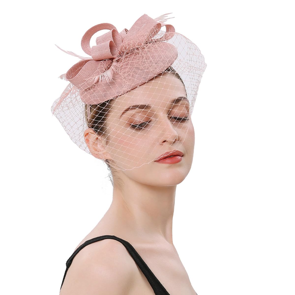 VILLCASE Fascia per Chioma Fascinator in Rete Rosa Cipria, Copricapo da Festa del tè e Banchetto Elegante, Accessorio Leggero e Resistente per Cerimonie e Serate Speciali