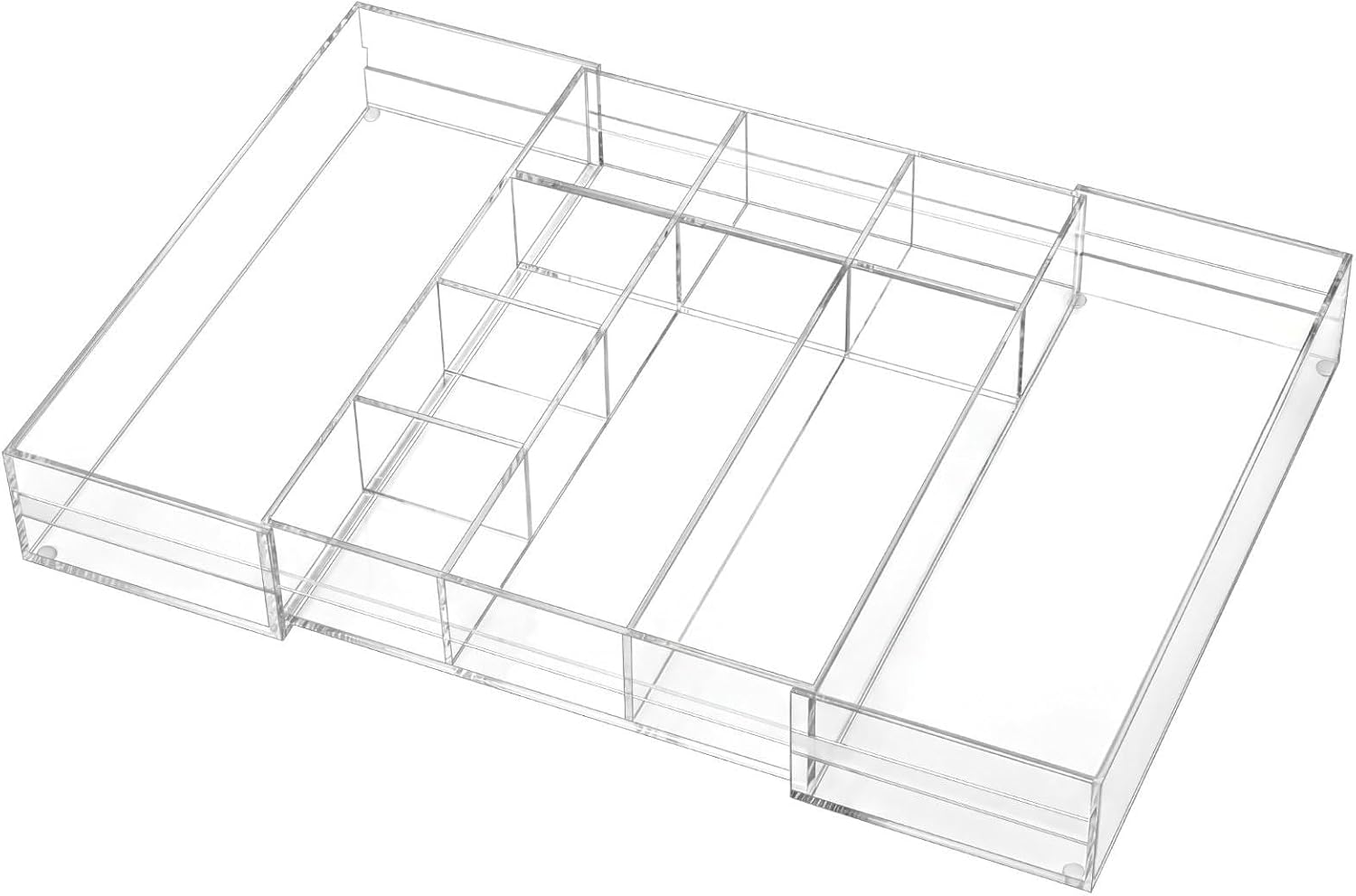 Briwooody 1 Pcs Acrylic Desk Drawer Organizer 9'' up to 16'' x 12'' x 2.2'' Expandable Drawer Organizer Trays with 10 Adjustable Compartments Clear Desk Accessories for Makeup Office Bathroom