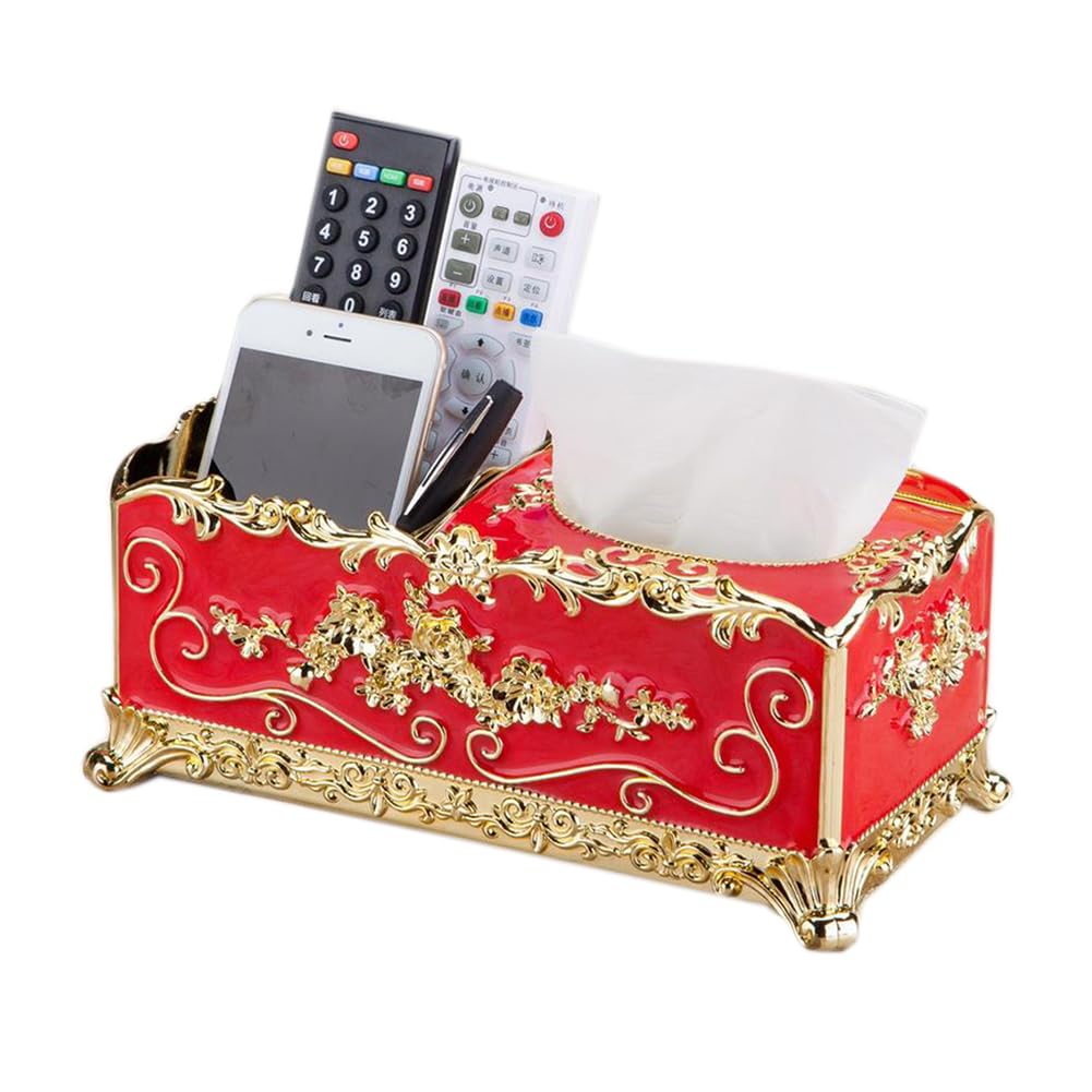 Qinqin Store Gold Red Creative Tissue Box Cover With Remote Control Storage Box Holder Organizer Decorative Paper Facial Tisue Box Holder (, 27×13×11Cm/10.63"×5.12"×4.33")