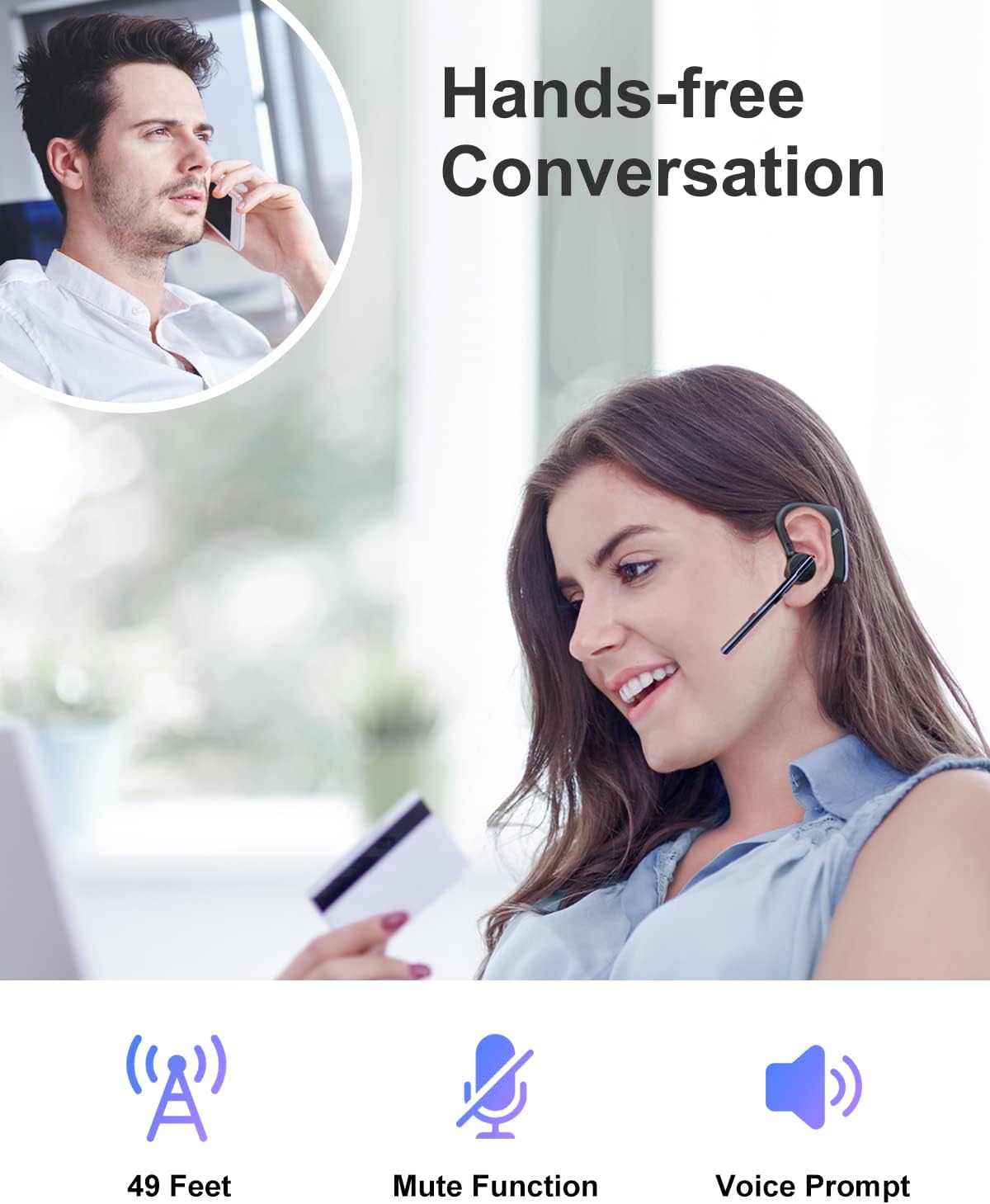 WYHOO Bluetooth Earpiece V5.2 Wireless Handsfree Headset with CVC8.0 Noise Cancelling Dual Microphone 24Hrs Driving Bluetooth Headset for iPhone Android Business Office Cell Phone