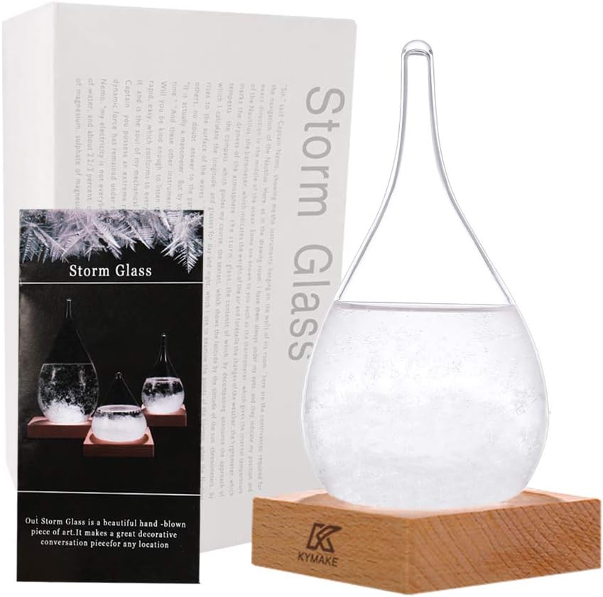 KYMAKE Storm Glass Weather Predictor - Creative Crystal Glass Bottle Desktop Drops Craft Weather Station with Pure Wood Base - High-class Decoration on Home & Office.(Small-6 * 12)
