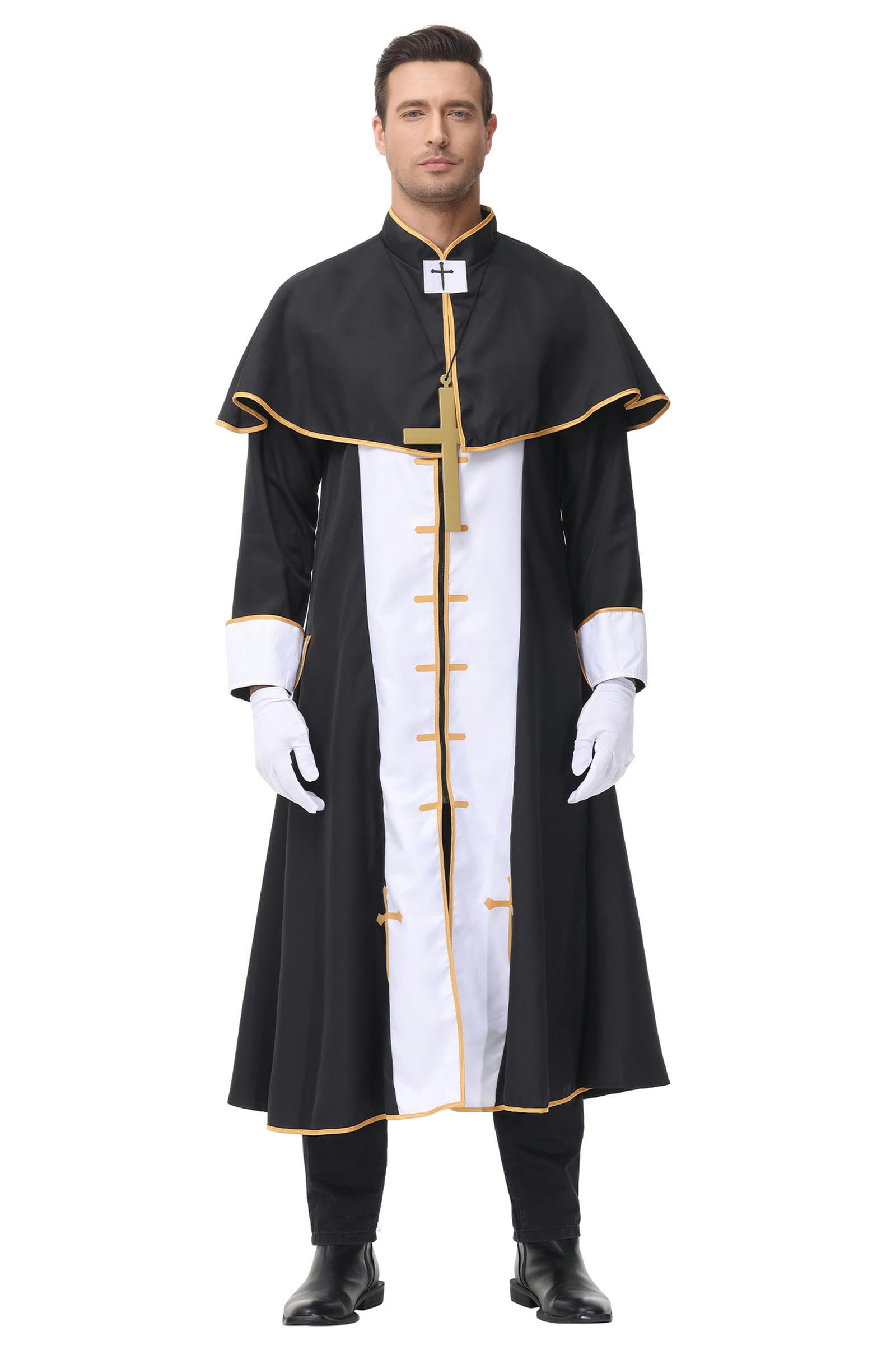 Wszjln Men's Halloween Adult Masquerade Costume Cosplay Costume Priest Priest Virgin Mary Nun Costume- (Shawl+Gloves+Robe)-L