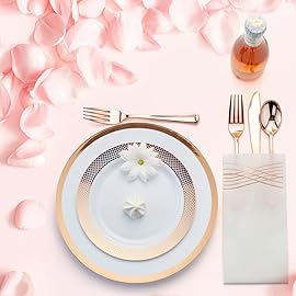 By Madee PREMIUM Elegant Disposable Dinnerware Set - 175 Pc Rose Gold Plastic Plates and Utensils Set with Luxury Napkins - Perfect as Pink Christmas Plates, Weddings, Bridal & Baby Shower (25 Guests)