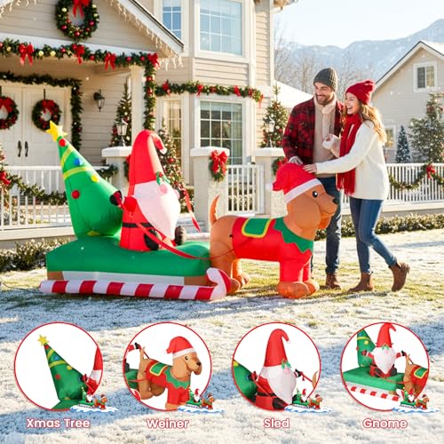 BLOOMWIN 8ft Long Gnome on Sleigh Christmas Inflatable Outdoor Decorations with Dachshund Weiner Dog Blow Up Yard Decor Built-in LED Lights — view 4