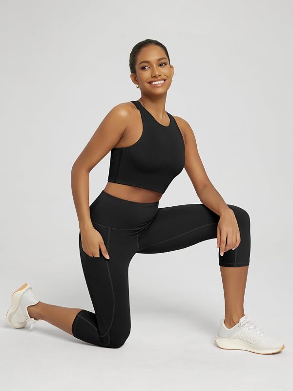 ODODOS Women's High Waisted Yoga Capris with Pockets,Tummy Control Non See Through Workout Sports Running Capri Leggings, Black,Large image 2