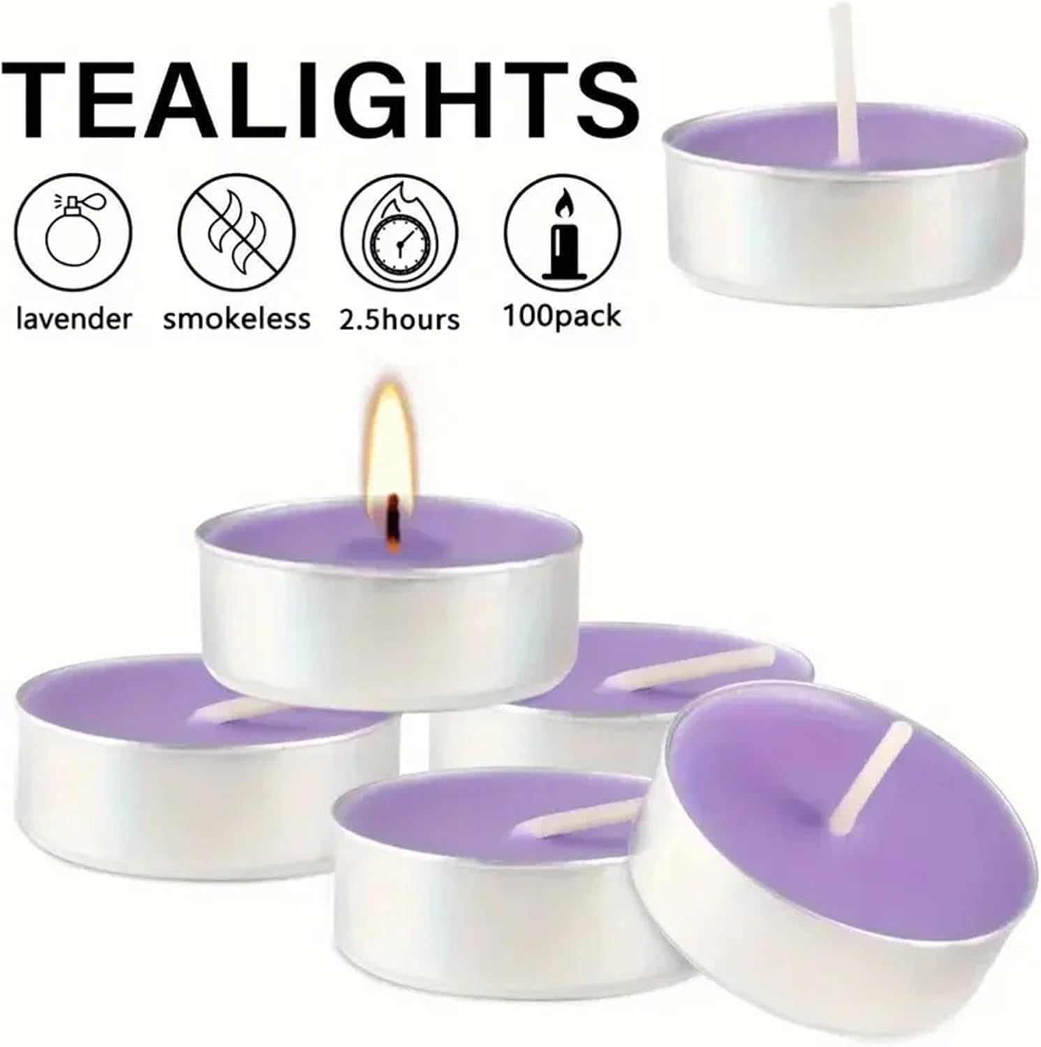 Scented Tealight Candles Air Fusion 100 Count Tea Lights Candles Purple Lavender & Vanilla Scented 2.5 Hours Smoke-Free Drip-Free and Long-Lasting
