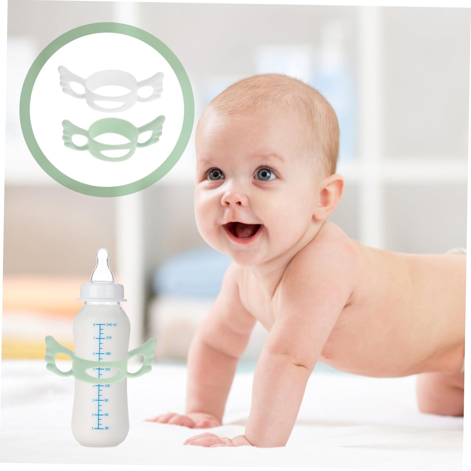 2pcs Silicone Bottle Sleeves with Handles Wide Neck Feeding Bottle Cover Easy-Install Hollow Design for Natural Feeding Green White