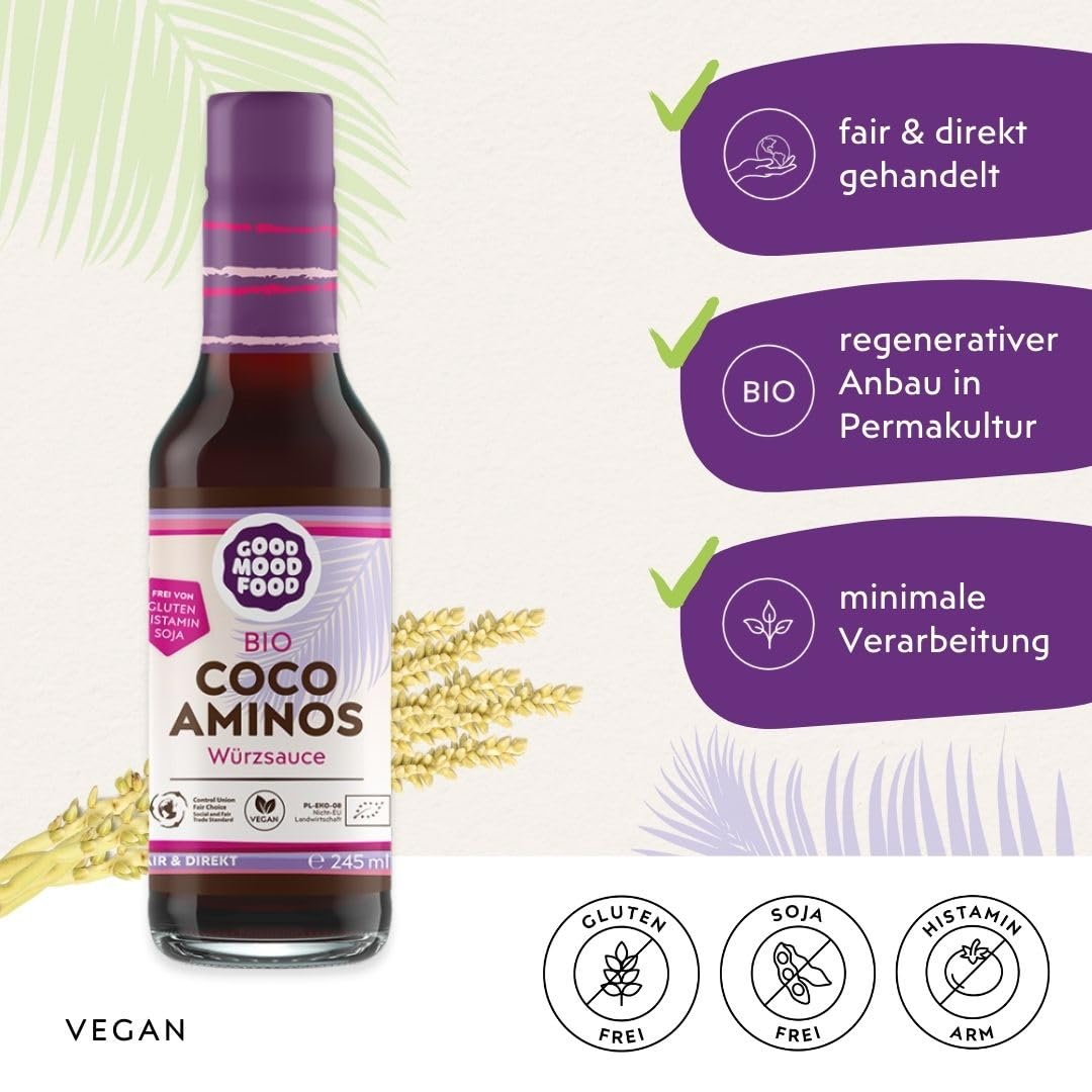 Goodmoodfood Bio Coco Aminos Würzsauce - Alternative Sojasauce, Vegan, Glutenfrei, Histaminfrei, Sojafrei, Umami Geschmack, für Marinaden, Dressings, asiatische Gerichte, als Topping - 2x500 ml