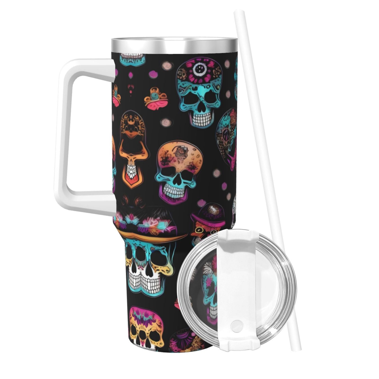 Sugar and Skulls Style Ice Bully Wasserflasche aus Edelstahl, doppelwandig, isoliert, mit Griff und Strohhalm-Deckel, 1,2 l