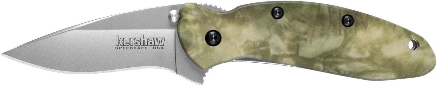 Kershaw Scallion Camo Folding Knife (1620C); 2.4” Bead-Blasted 420HC Stainless Steel Blade, Camo Anodized Aluminum Handle, SpeedSafe Opening, Liner and Tip Lock, Single-Position Pocketclip; 2.5 OZ
