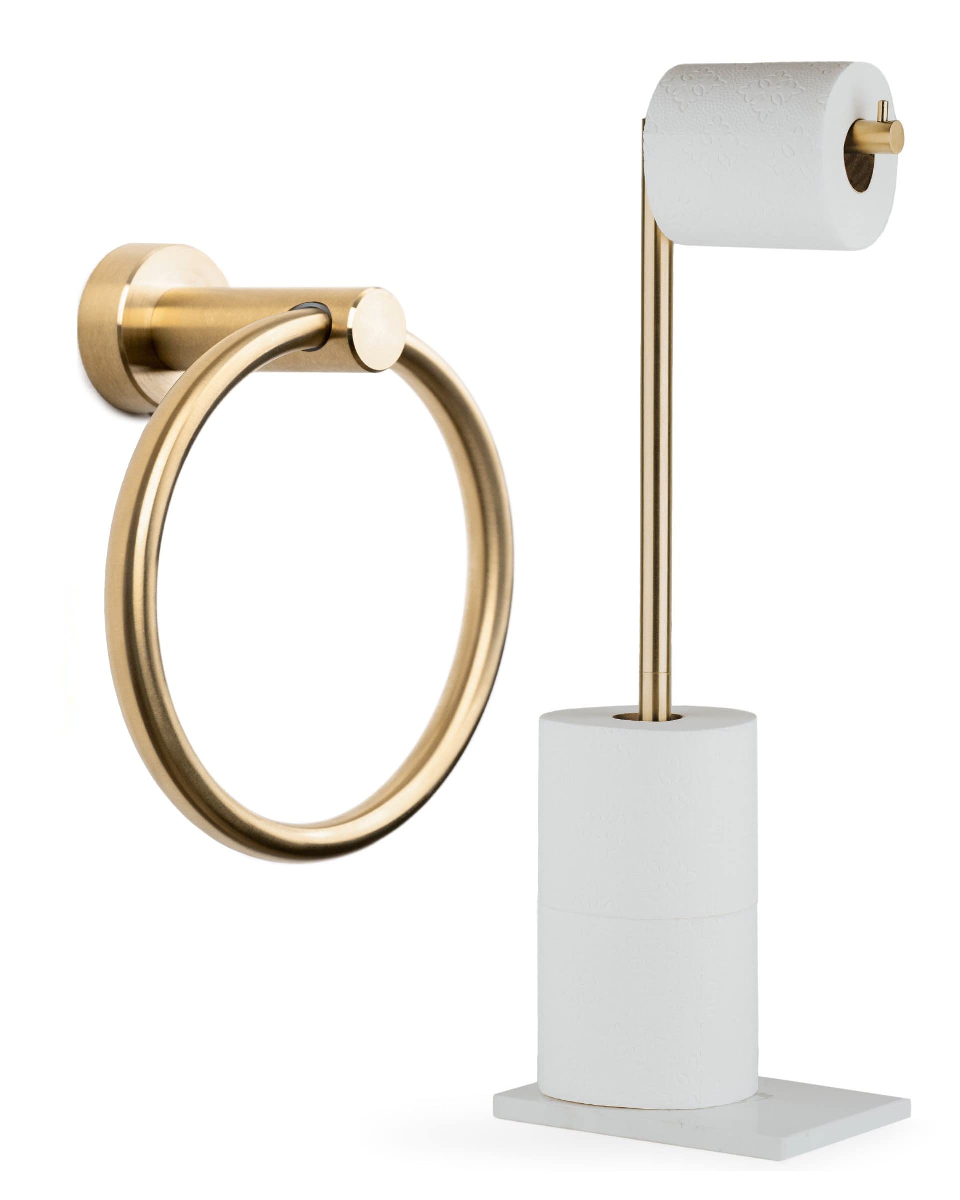 MARMOLUX ACCBrushed Gold Towel Ring - Modern Gold Hand Towel Holder and oilet Paper Holder Stand with White Marble Base - Free Standing Toilet Paper Holder Dispenser