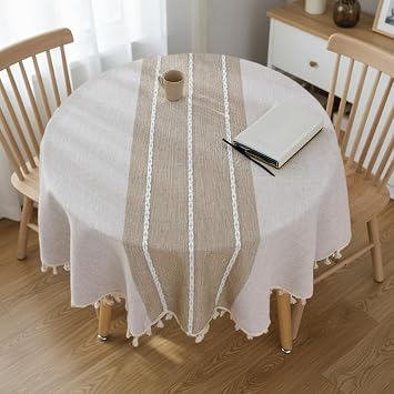 Round Tablecloth 55 Inch 140cm - Coffee Linen-Look Polyester Table Cover with Tassel Trim, Wrinkle Free & Wipeable for Dining, Kitchen, Parties