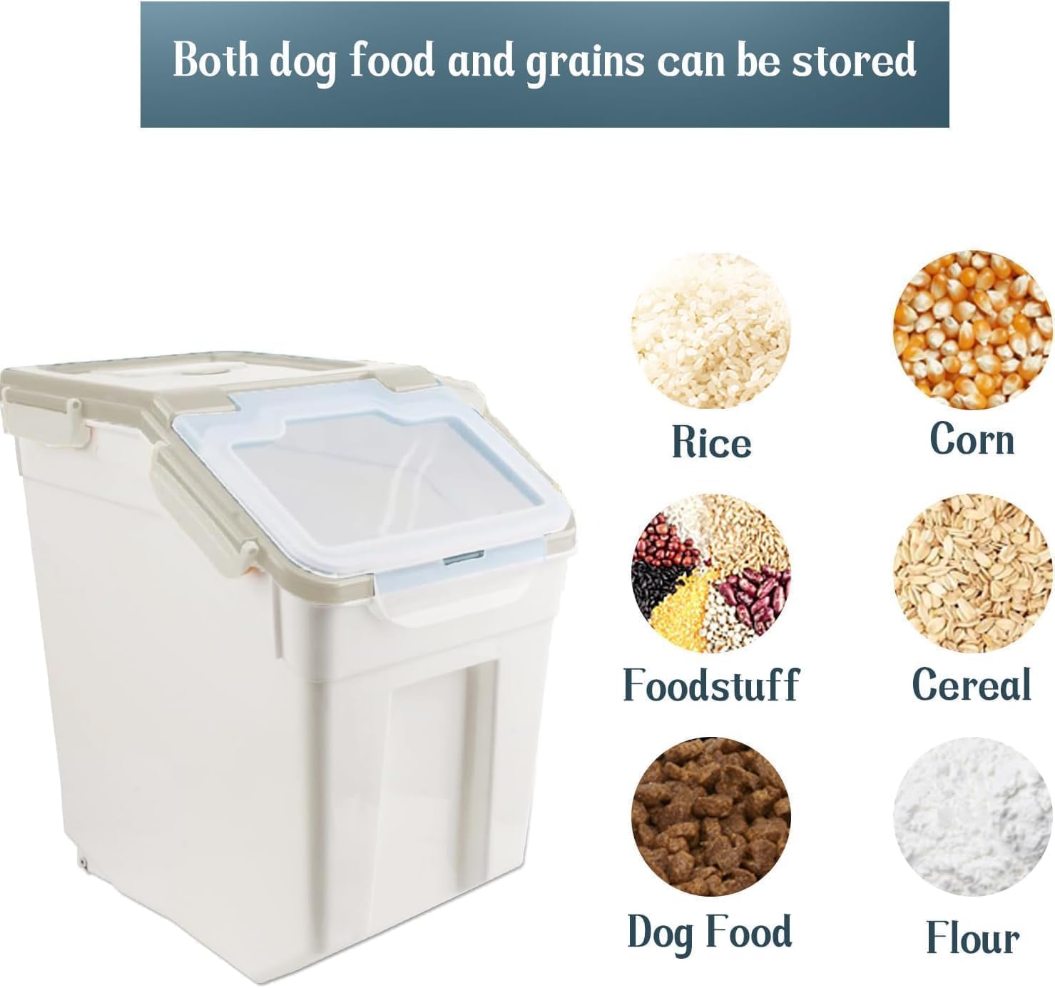 YXQ 50LB Large Flour Storage Container Bin,2 Pack Airtight Plastic with Wheels Seal Locking Lid Dispenser Organizer Bin with Measuring Cup & Scoop for Flour, Rice, Grain 100LBS Total Capacity(Grey)