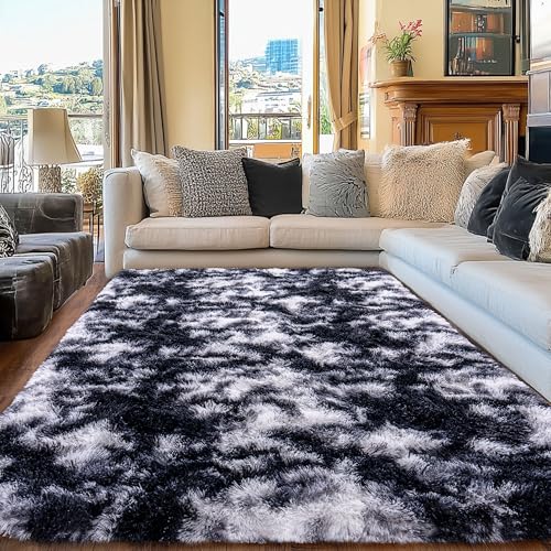 Black and White Rug for Living Room, 9x12 Area Rug for Bedroom, Bedside Indoor Floor Fluffy Shag Carpet, Plush Soft Rug for Boys Girls Kids Room Nursery Dorm Home Decor