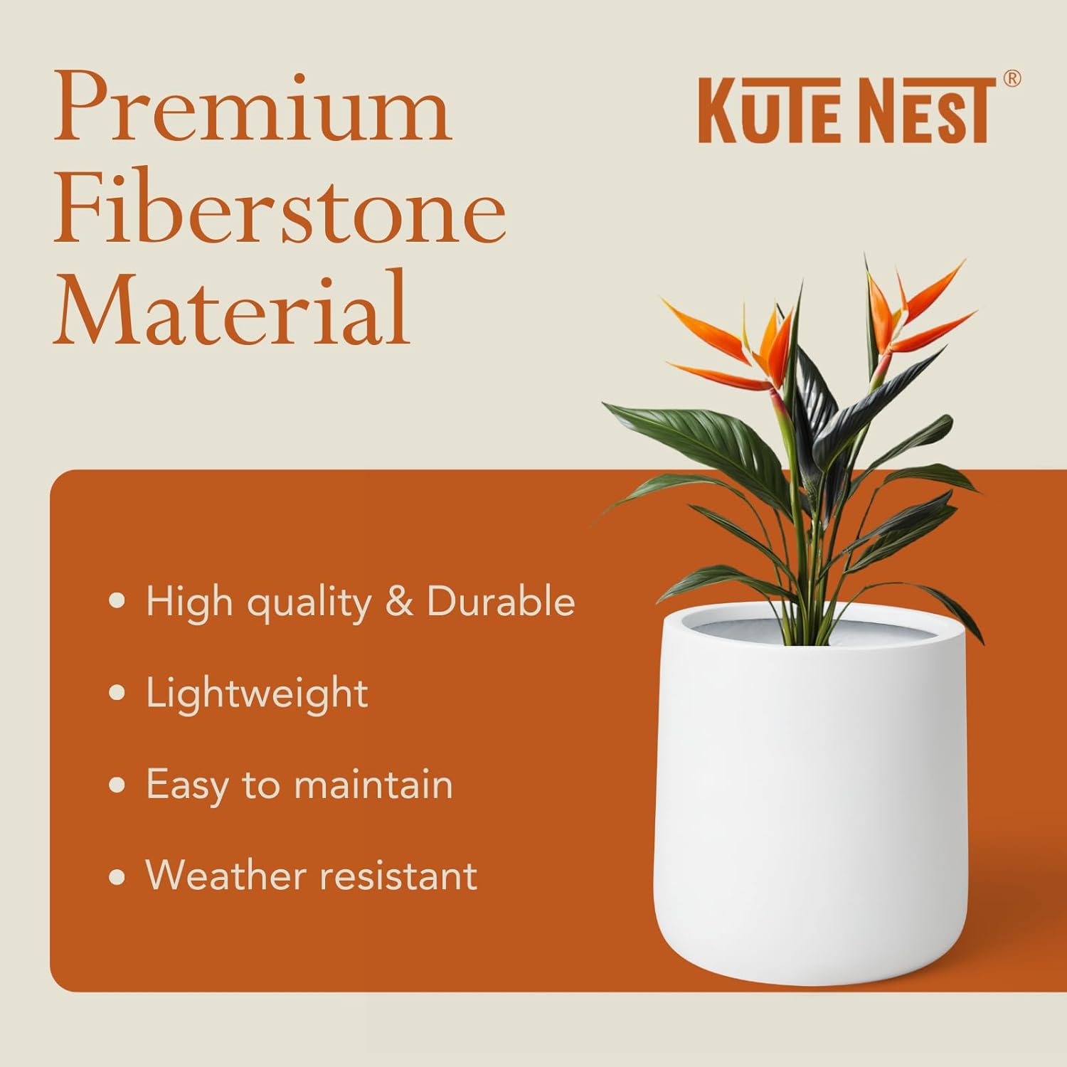 14"H x 13.7"D Premium Conico Fiberstone Round Planter with Drainage Hole, Smooth Finishes, Weather Resistant for Indoor and Outdoor Use, Included 2 Extra Coco Mats (White, 10.6" Pot Opening)