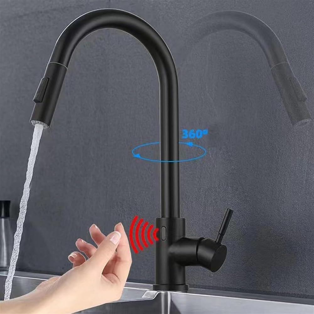 Touch- Steel Kitchen Faucet with Shelf, Pull-Out 360° Swivel Faucet ， Hot Cold Faucet for Home RV Hotel -Black(White)