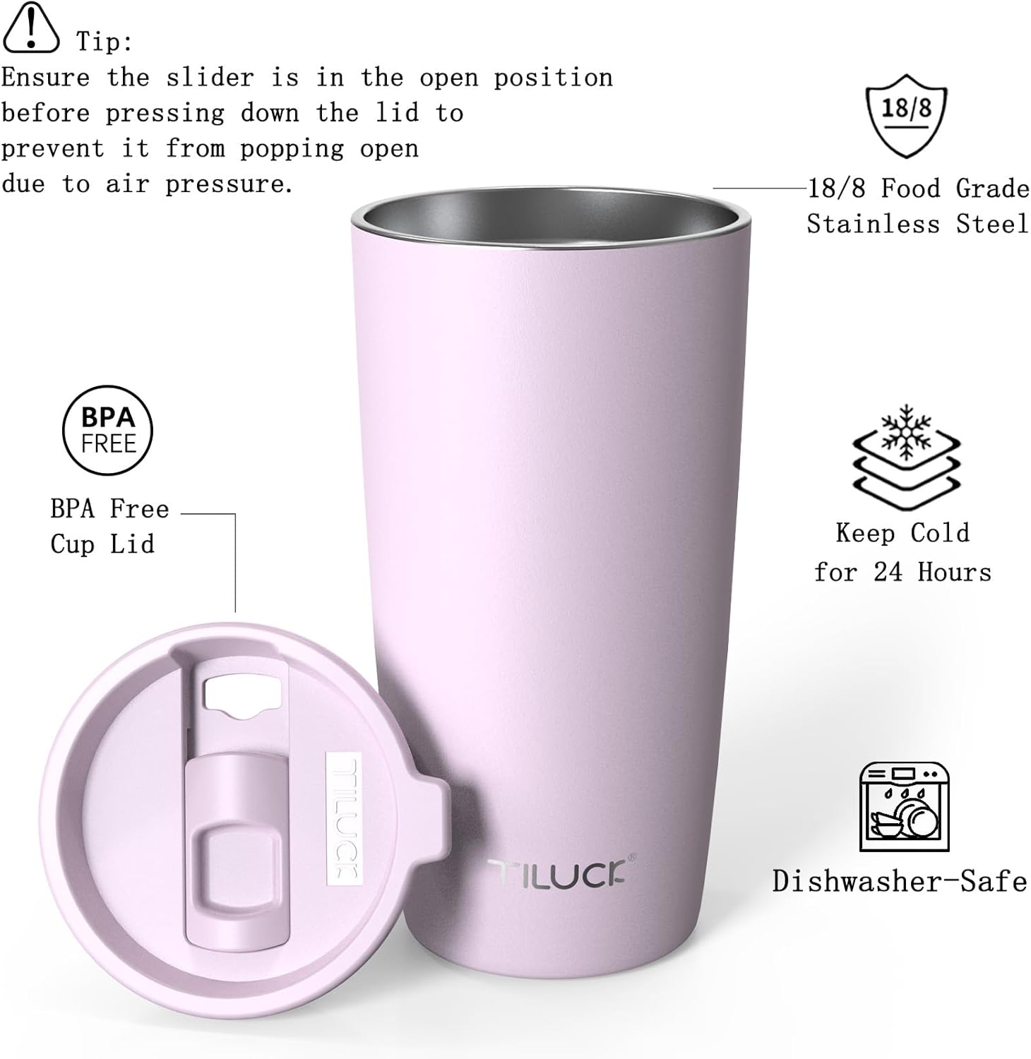 TILUCK 20 oz Tumbler with Lid, Vacuum Insulated Stainless Steel Coffee Mug, Double-Walled Travel Tumbler for Hot and Cold Drinks(LightPurple, 20oz) - Image 2