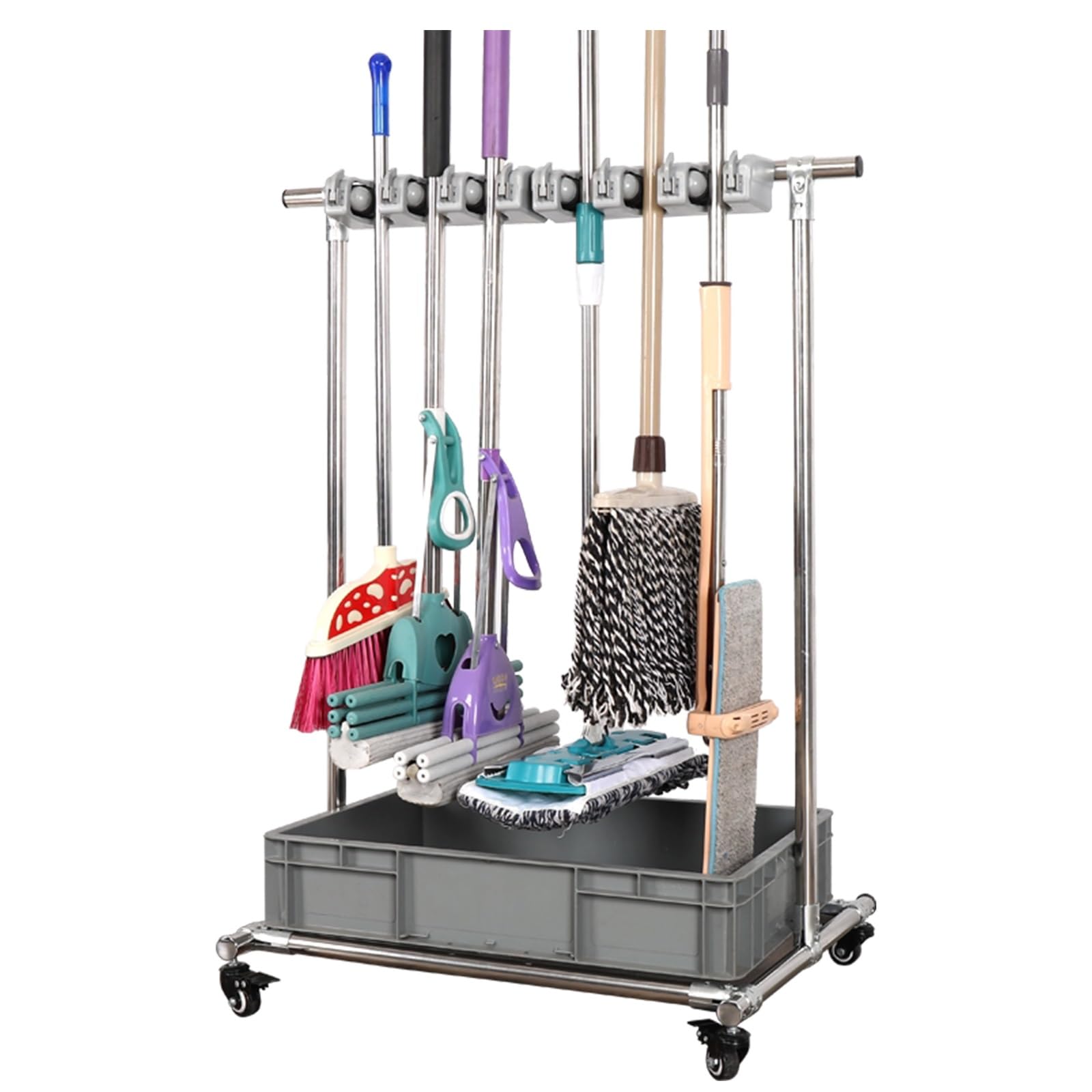 Soporte para escobas, carrito organizador de limpieza con ruedas, almacenamiento de herramientas independiente para el hogar, garaje, escuela, hotel, diseño compacto (100 x 50 x 105 cm)