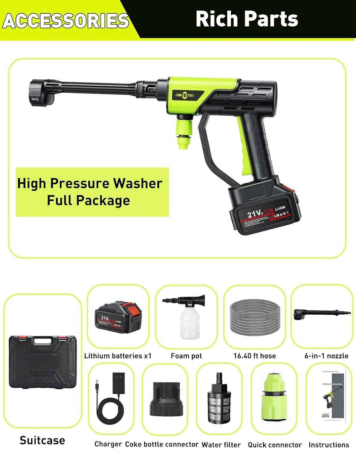 Cordless Pressure Washer, 900PSl Cordless Power Washer Battery Operated with 6-in-1 Nozzle, Portable Power Washer for Small and Medium-Sized Cleaning tasks, for Car/Floor/Fences/Garden