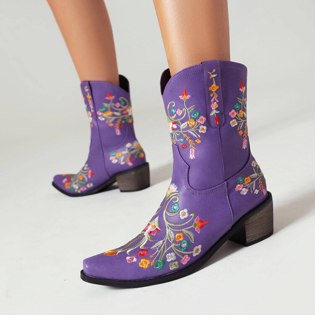 Alyaafifa Western Cowgirl Embroidered Boots Women Cowboy Stacked Chunky Heels Closed Toe Pull On Mid Calf Ankle Booties Autumn Winter Dressy Shoes