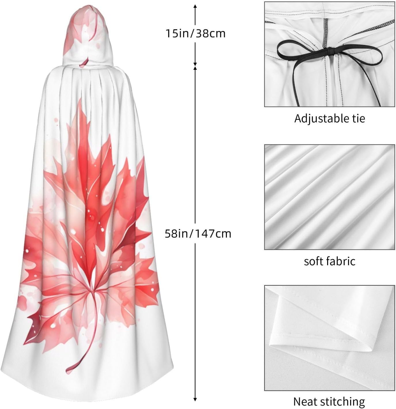 Unisex Full Length Hooded Halloween Christmas Party Robe Cloak Cape Cosplay Costume Men Women Red Maple Leaf Prints