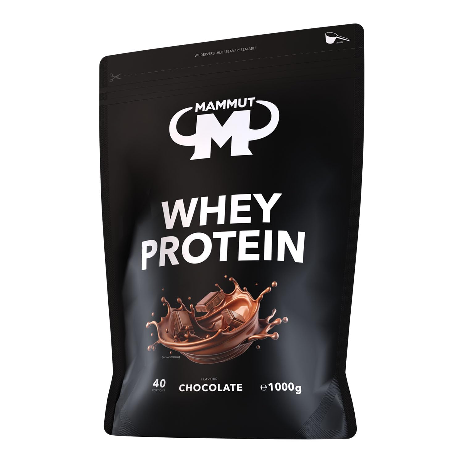 Mammut Nutrition Whey Protein Pulver Chocolate – 1kg – 27g Protein pro Portion – Eiweißpulver mit hohem BCAA-Anteil – Perfekte Löslichkeit in Wasser & Milch – Ideale Zwischenmahlzeit