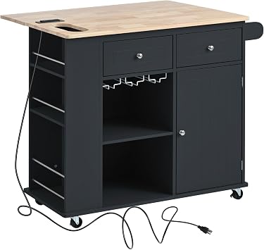 Kitchen Storage Island with Power Outlet and Drop Leaf, Rolling Kitchen Cart with Spice Rack and Drawer, for Kitchen and Dining Room, Black
