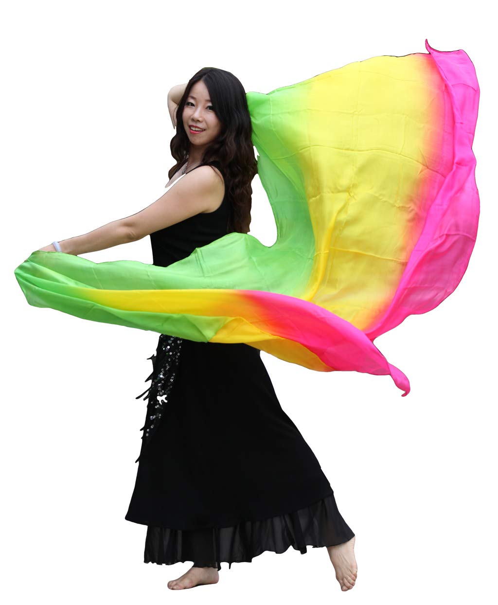 Winged Sirenny 3-Tone Flowy Luxury Bellydance Silk Scarf with Hand Rolled Edges, Lightweight Liquid Oriental Dance Veil, green/yellow/pink