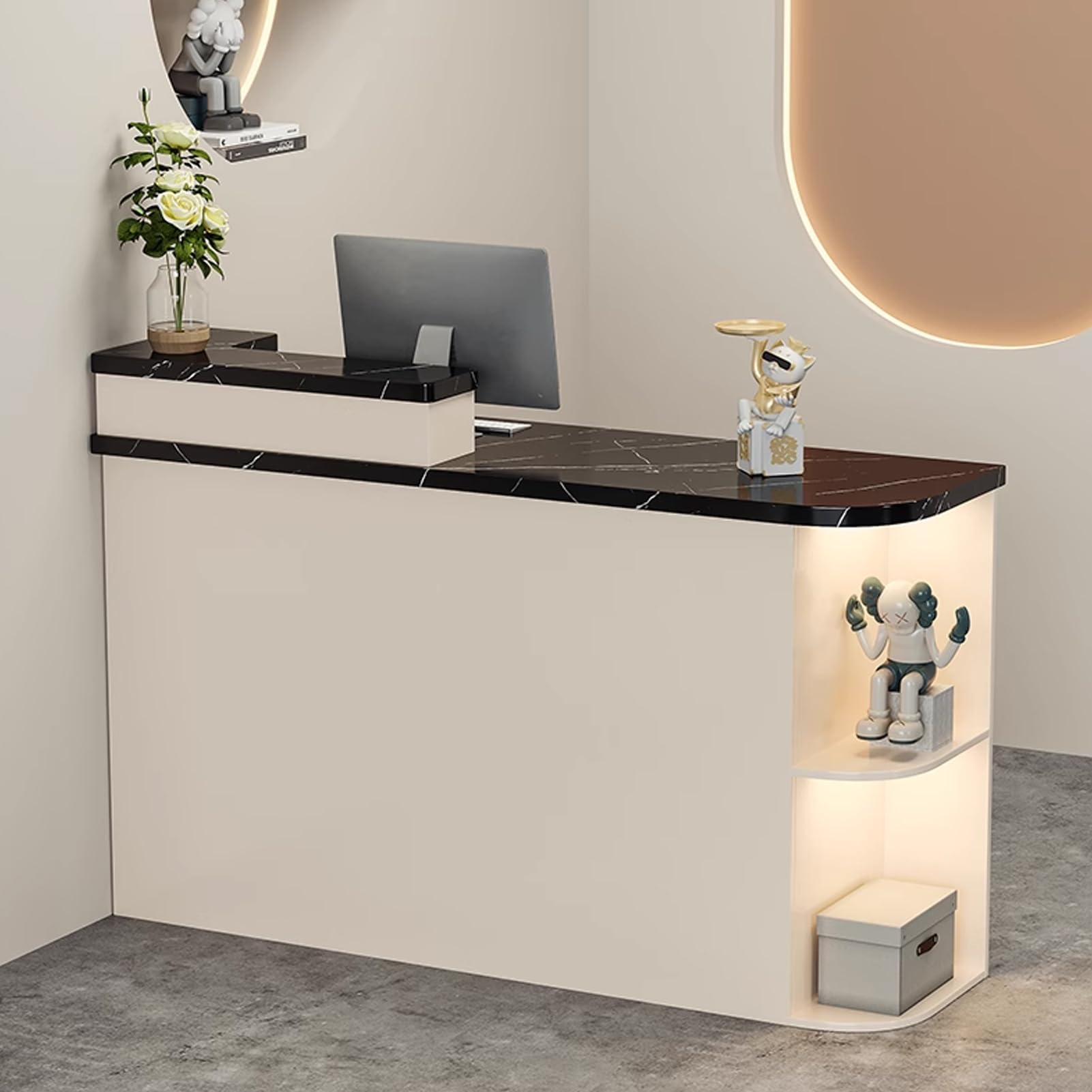 Reception Desk with Counter, Front Counter Lockable Drawer & Open Shelves, Modern Table Storage, for Checkout, Lobby, Retail, Salon, Office, Beauty Salon,Right Height E,120cm/47.2in