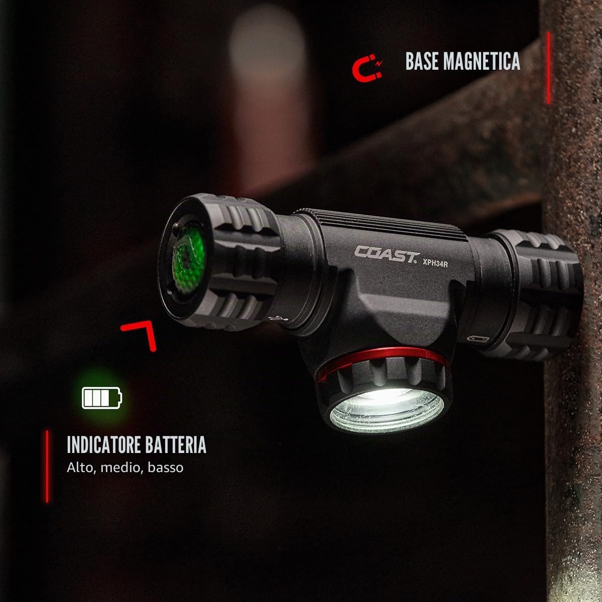 Coast XPH34R 2075 lumen Lampada frontale a LED ricaricabile Dual Power con base magnetica