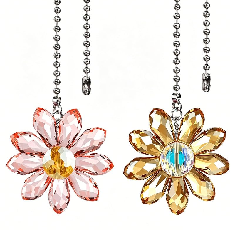 Image of Crystal Ceiling Fan Pull Chain Colorful Hanging Sunflower Set, 2 Pcs 24 inch Glass Pendants with Chain Connector(Orange and Pink)