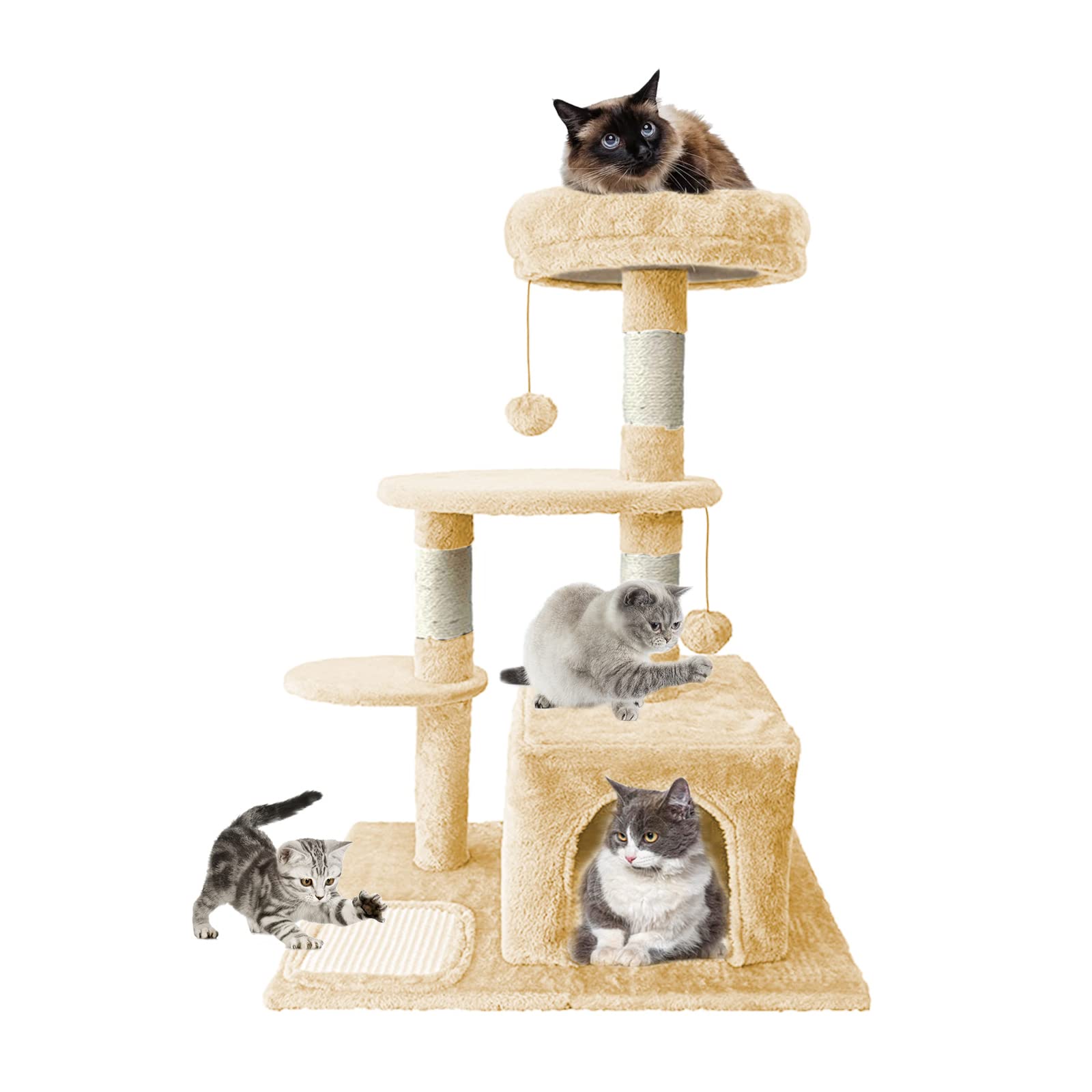 Cat Tree for Indoor Cats,Cat Tree Tower,Cat Bed,with Sisal Scratching Posts,Houses,Cats Activity Tower,Cat Furniture 1 Plush Condos, 2 Plush Perches(beige-85cm)