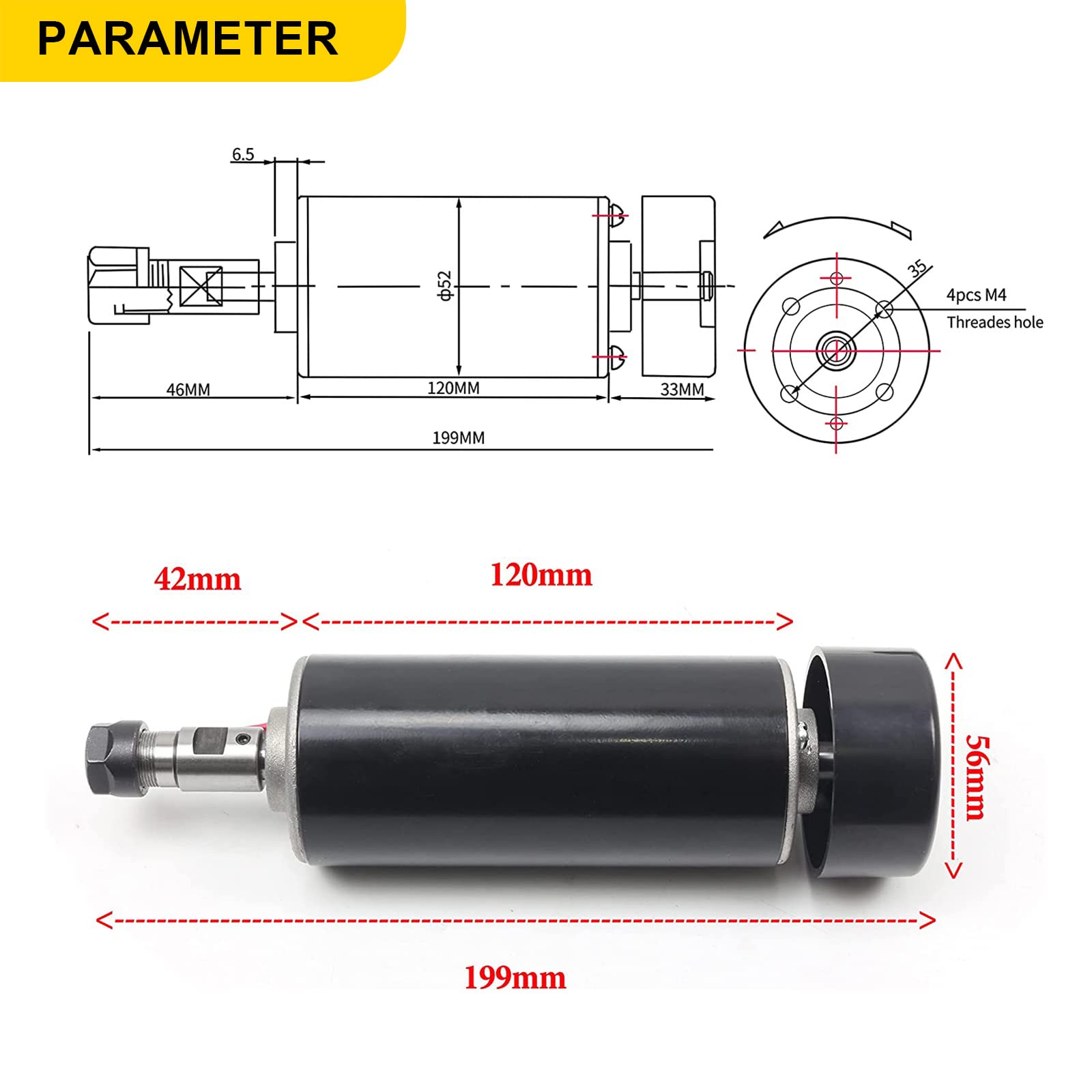 RATTMMOTOR Zestaw chłodzący, powietrze, 500 W, silnik wrzecionowy ER11, 0,5 kW, 12000 obr/min, regulator prędkości PWM 220 V uchwyt montażowy 52 mm z wkrętami do grawerowania