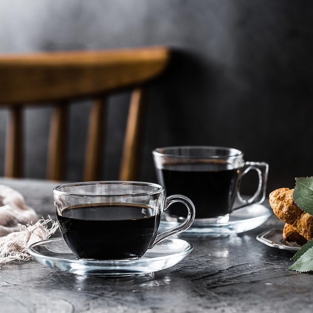 耐熱ガラス ティーカップ &amp; ソーサーセット 210m~300ml 透明 軽量 使いやすい コーヒーマグセット (4パック,