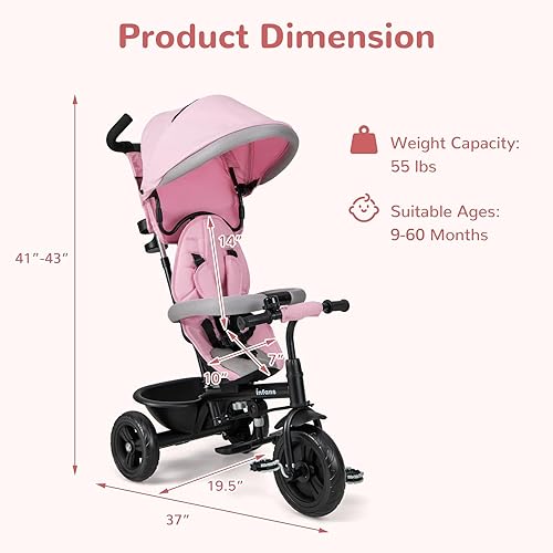 Miniatura 5 de INFANS Triciclo para niños, triciclo para bebés 6 en 1 con asiento reversible, mango de empuje ajustable, dirección de control, toldo extraíble,