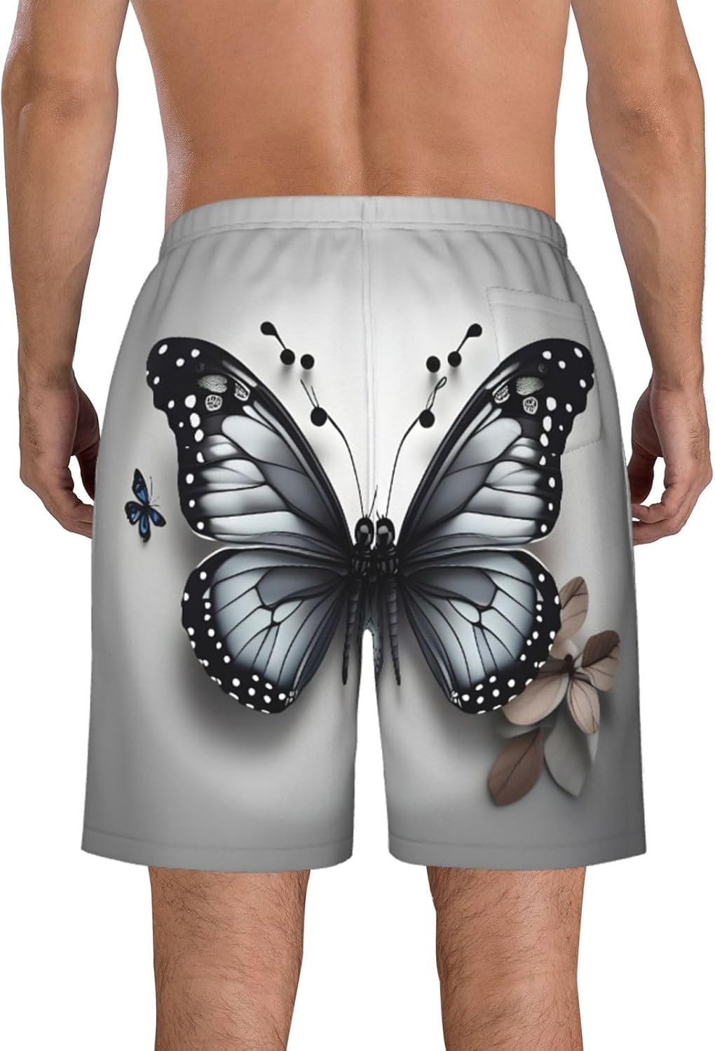 Gray Teal Flower Butterfly Print Mens Casual Shorts Drawstring Summer Beach Stretch Shorts Novelty Swimtrunks