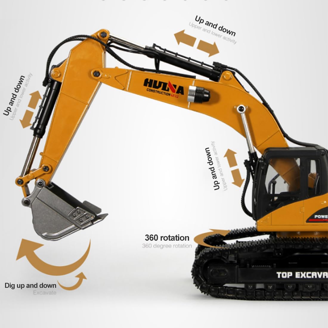 Excavadora RC 5 en 1 de metal completo a escala 1/14 2.4G con trituradora, agarre de troncos, cizalla hidráulica, garra - Modelo de vehículo de construcción con luces LED ahumadas