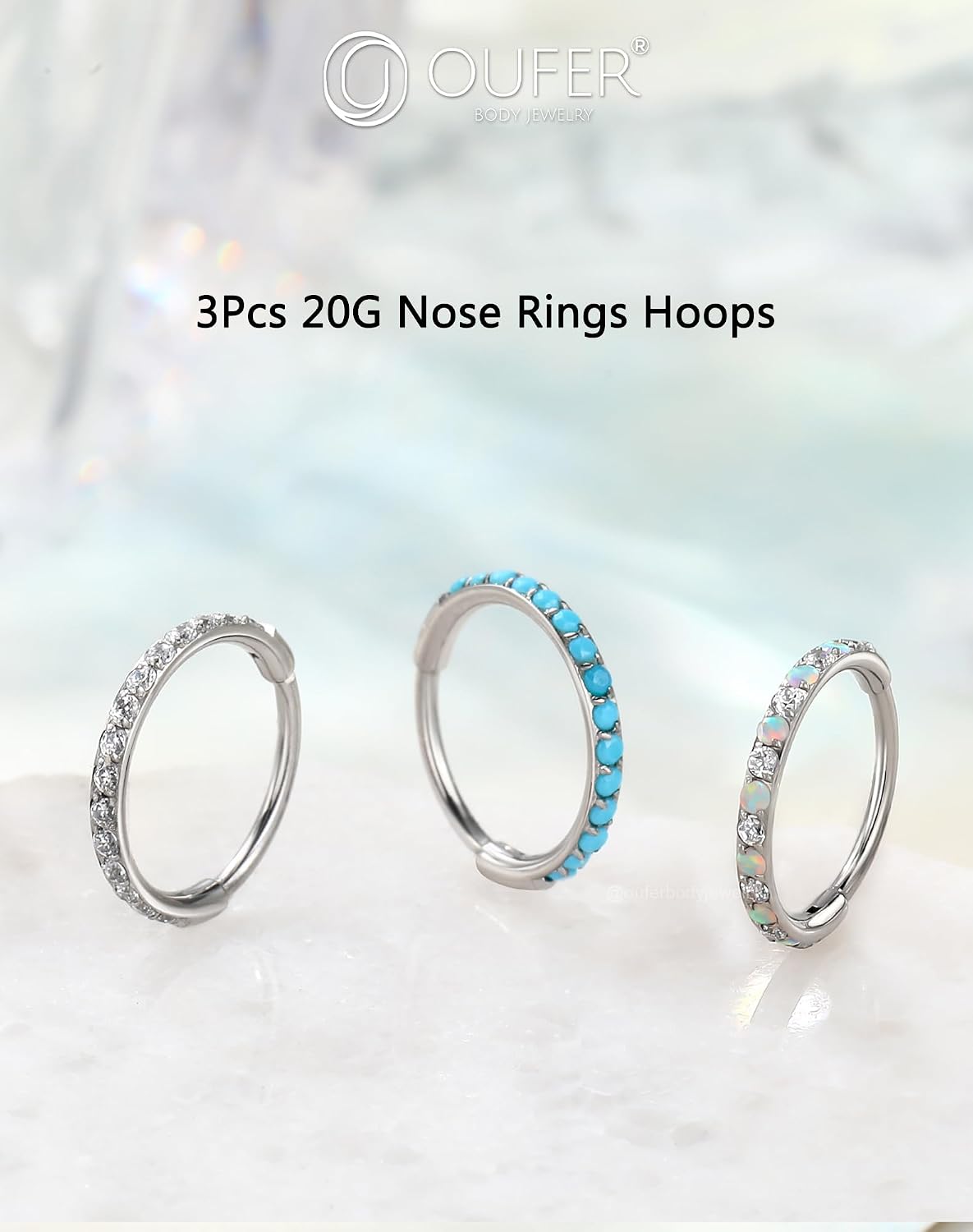 OUFER Turquoise CZ Opal Nose Rings for Women, 316L Surgical Steel 6MM Nose Rings Hoops, Silver Hinged Segment Septum Lip Eyebrow Cartilage Conch Rook Helix Tragus Daith Piercing Jewelry-6/7/8MM