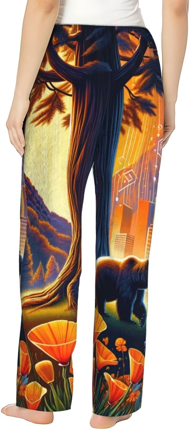 Women'S California-Poppies-Bear-Symbols Fleece Pajama Pants, Cozy Flannel Lounge Bottoms For Women