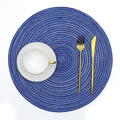 Image of SHACOS Round Braided Placemats 15 inch Set of 4 Washable Cotton Polyester Braided Kitchen Table Placemats for Home Wedding Party (Blue White, 4)