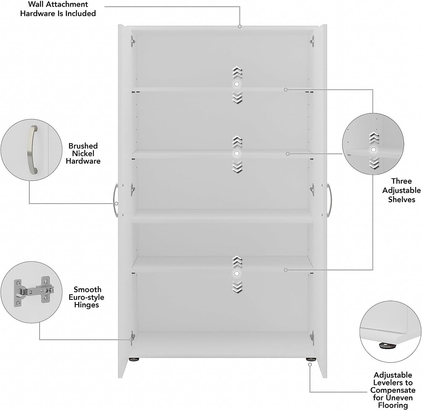 Bush Furniture Universal Tall Storage Cabinet with Doors and Shelves, White