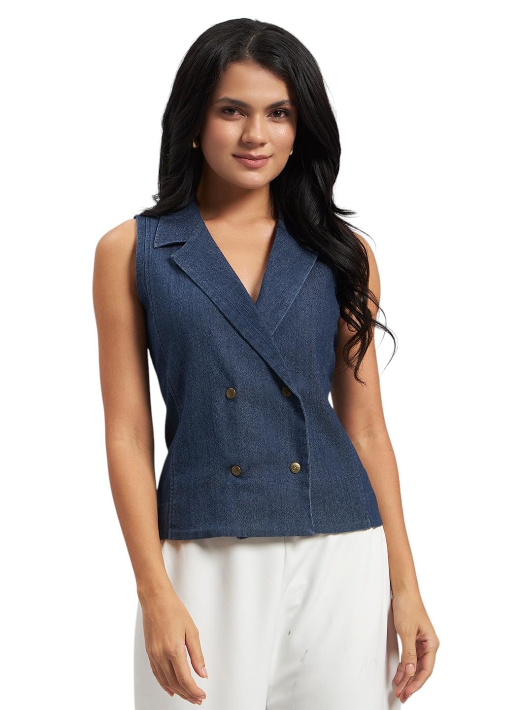 cottinfab Women Blue Solid Denim Double-Breasted Waistcoat-picture-18