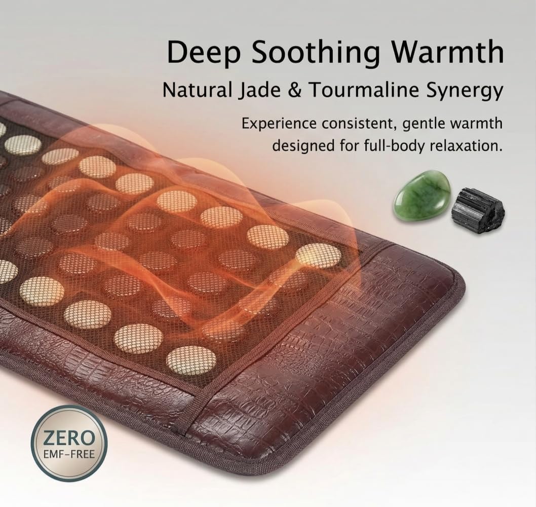 Far Infrared Heating Pad for Back and Shoulder, Jade & Tourmaline Stones, EMF-Reducing, Deep Warming Heat Mat with Adjustable Temperature & Timer for Home Relaxation(2025 Upgraded)