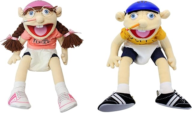 Jeffy Puppet and His Sister Feebee Puppet Plush Toy Doll, Mischievous Funny Puppets Toy Hand Puppet with Working Mouth for Play House, Birthday Christmas Halloween Party Gift for Kid