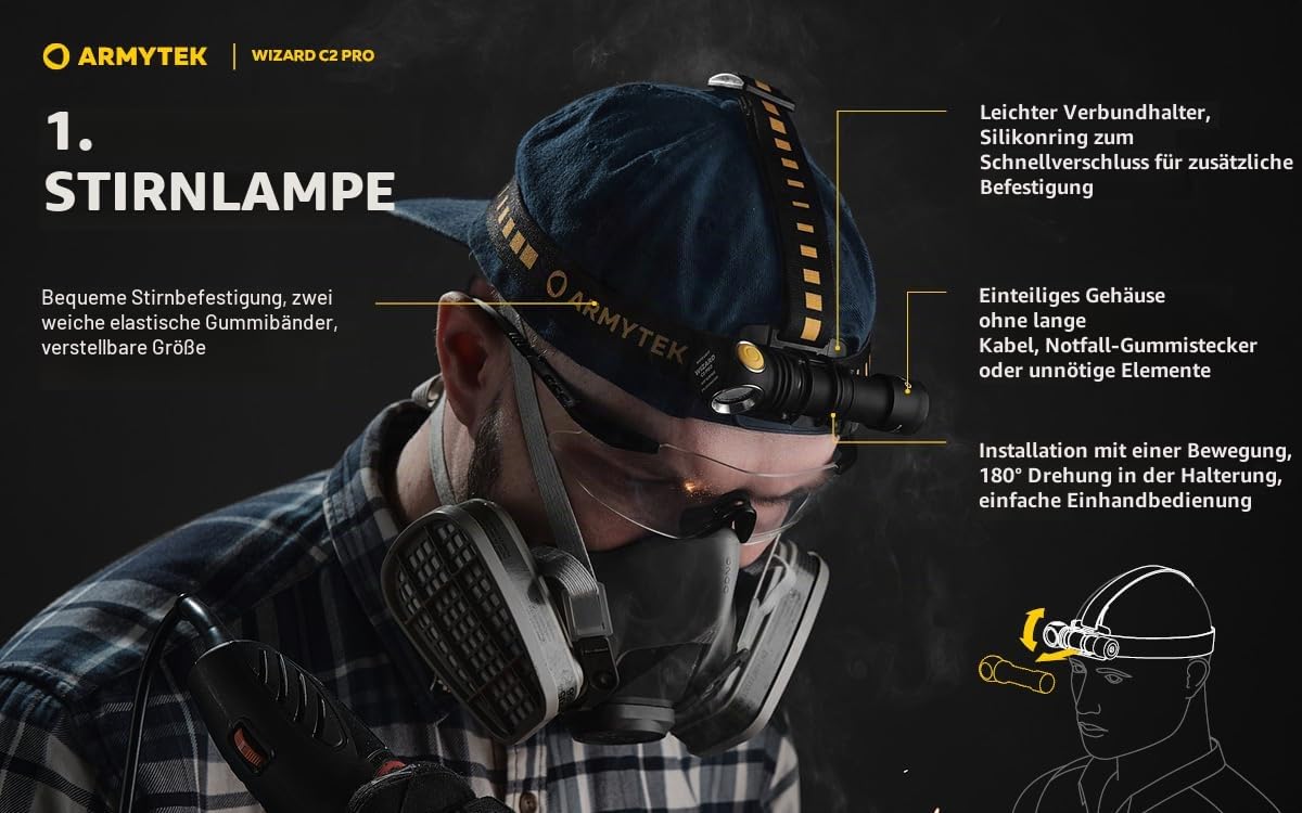 Armytek Neu LED-Kopflampe Wizard C2 Pro DE v4 Warmweiss LED Taschenlampe USB Aufladbar