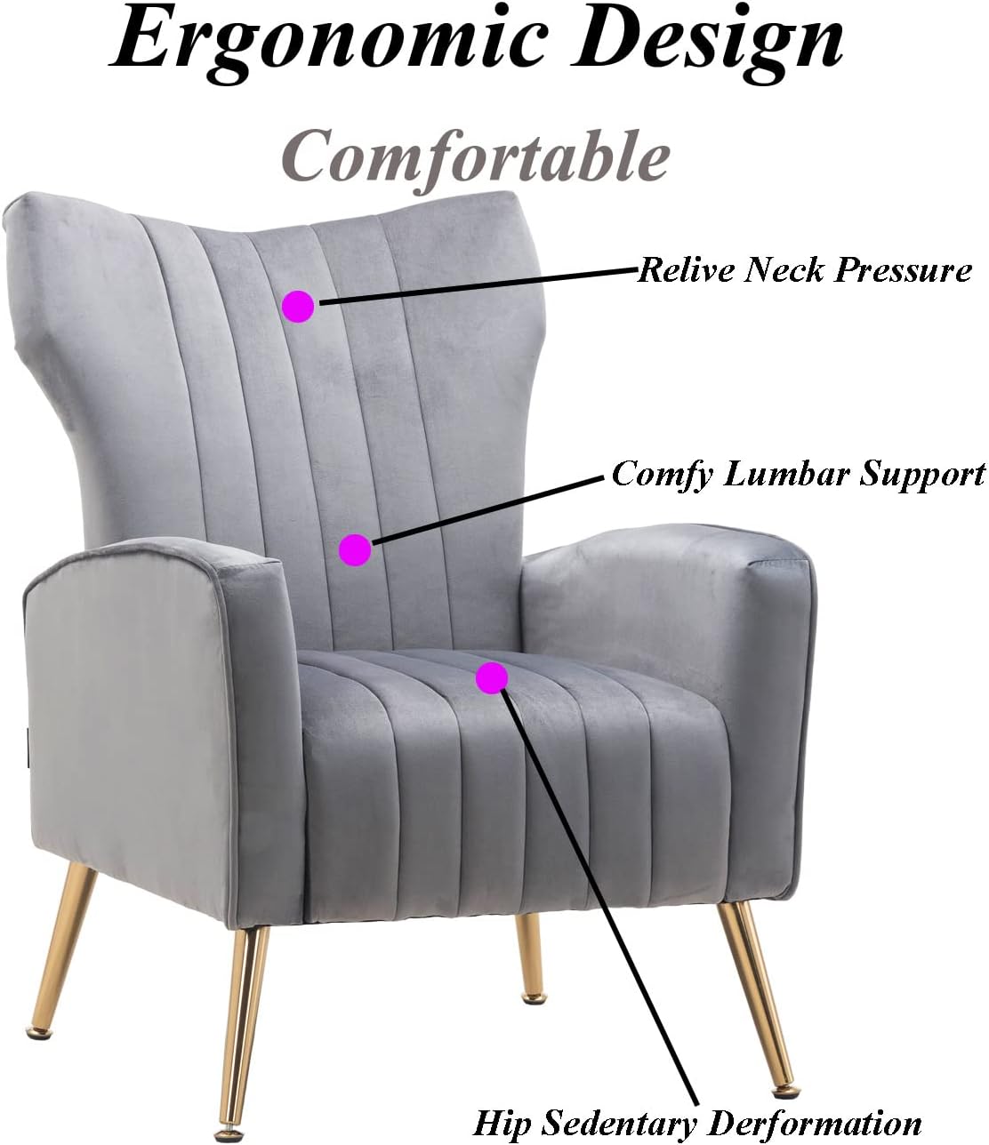 Velvet Accent Chair Modern Wingback Comfy Chair Tufted Reading Armchair with Gold Legs for Living Room/Bedroom, Grey